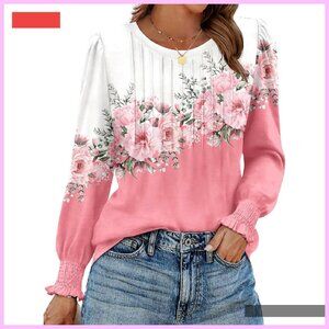 Puff Sleeve Pleated Blouse Long Sleeve Crew Neck Work Casual Top S-3XL